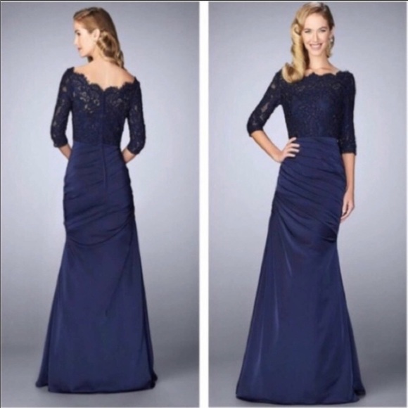 La Femme Dresses & Skirts - NEW La Femme Navy Blue Sparkle Lace Trumpet Gown Off Shoulder Size 16 Wedding